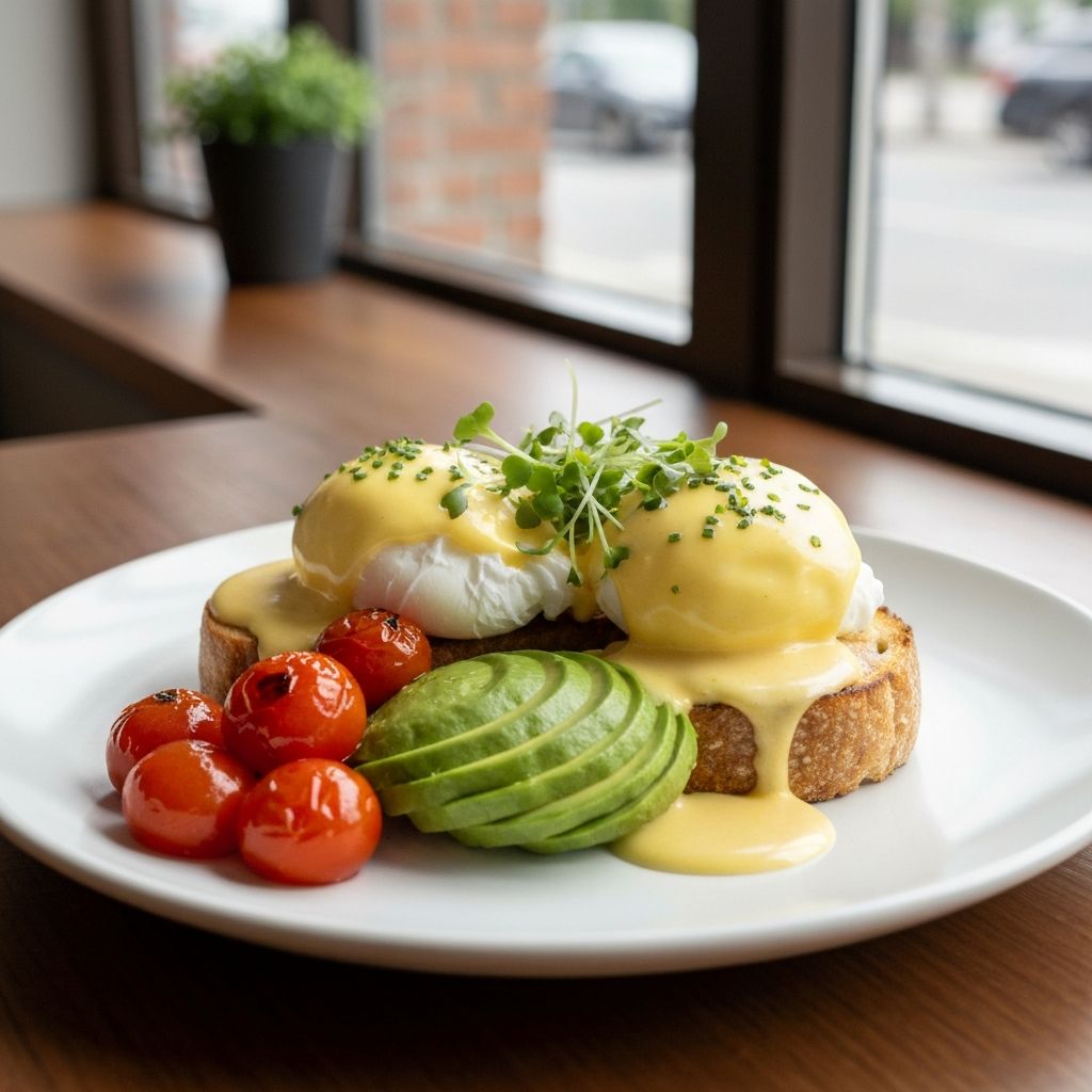A beautifully plated brunch dish with poached eggs and avocado at Aunty Paul's
