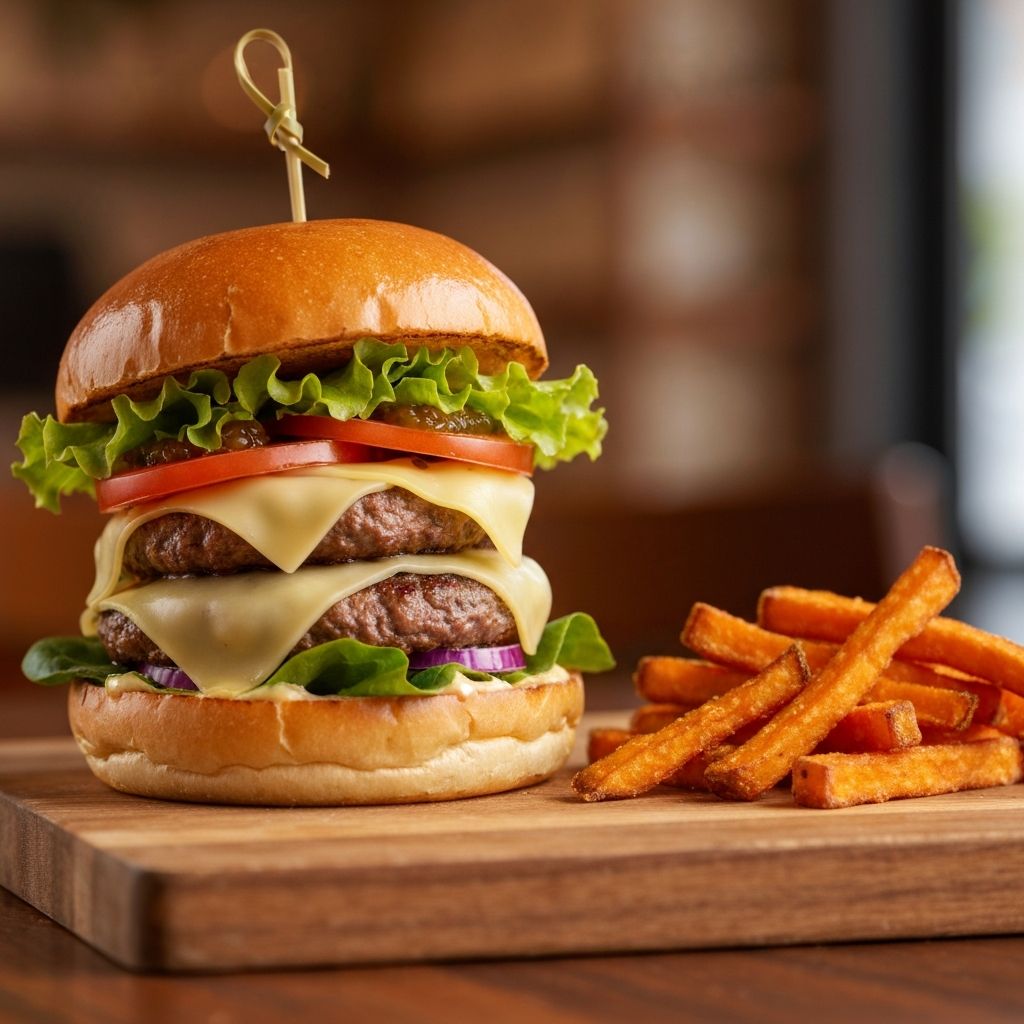 A tall gourmet burger served on a wooden board at Aunty Paul's Cafe Bar